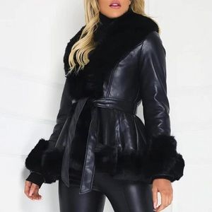 Women's Faux Leather Jacket with Fur Collar